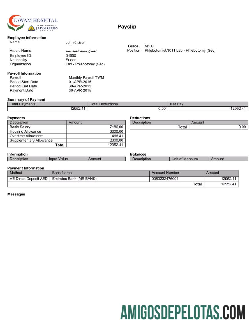 Realista Modelo de recibo de pagamento do Hospital TAWAM dos Emirados Árabes Unidos em formatos Word e PDF